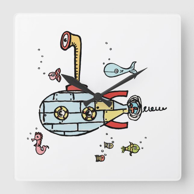 Niedliches U-Boot unter Wasser Quadratische Wanduhr (Vorderseite)