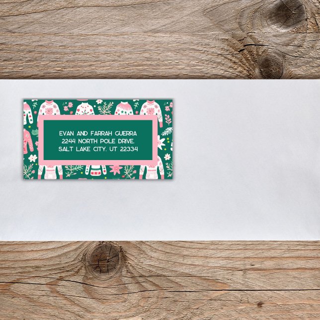 Niedliches Ugly Sweater pink und grün Weihnachten Adressaufkleber (Von Creator hochgeladen)