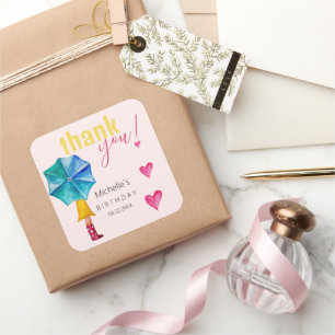 Niedliches Umbrella Girl Watercolor Illustrationsm Quadratischer Aufkleber