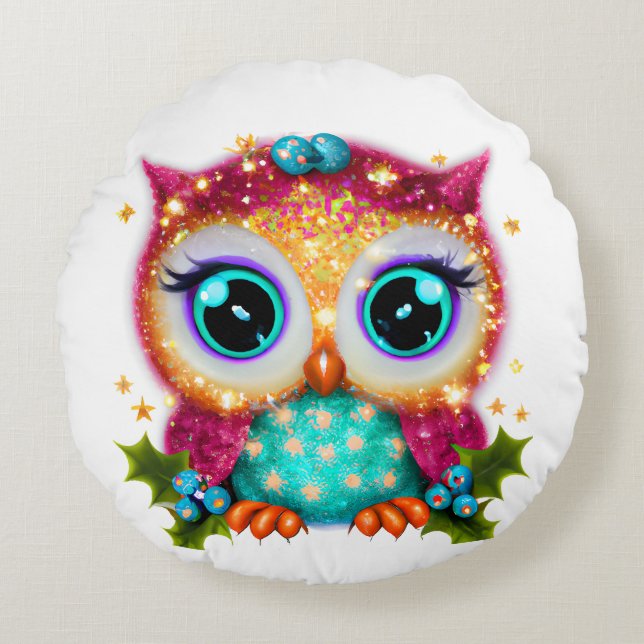 Niedliches und Adorable Kawaii Baby Owl Rundes Kissen (Vorderseite)