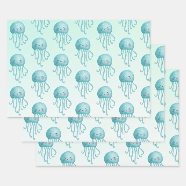 Niedliches und glückliches blaugrünes Quallenmuste Geschenkpapier Set (Set)