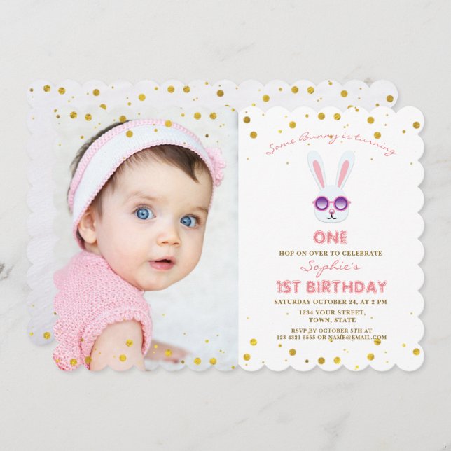 Niedliches und sonniges Girl Foto 1. Geburtstag Einladung (Vorne/Hinten)