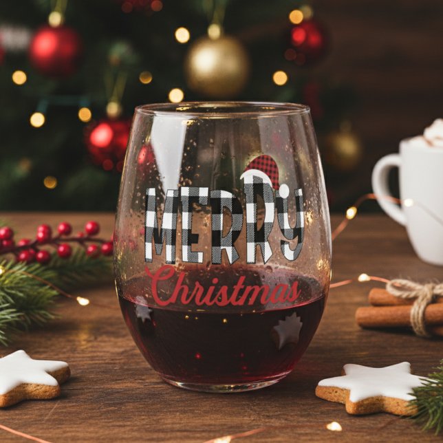 Niedliches und trendy Buffalo Kariert frohe Weihna Weinglas Ohne Stiel (Cute And Trendy Buffalo Plaid Merry Christmas Stemless Wine Glass)