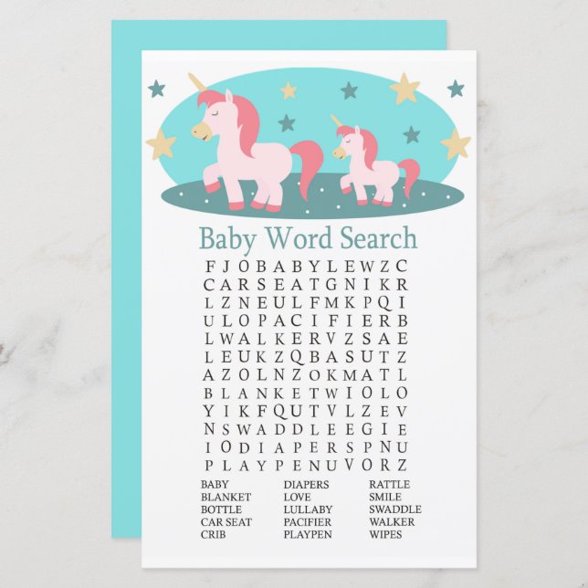 Niedliches Unicorn Baby Shower Word Search Game (Vorne/Hinten)