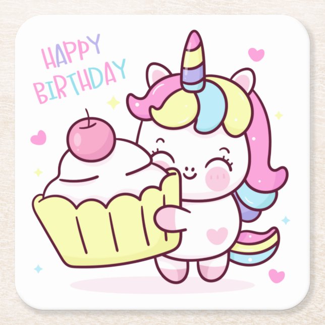 Niedliches Unicorn Happy Birthday Cake Rechteckiger Pappuntersetzer (Vorderseite)