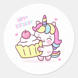 Niedliches Unicorn Happy Birthday Cake Runder Aufkleber