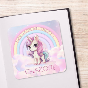 Niedliches Unicorn Rainbow School Buchzeichen Name Quadratischer Aufkleber