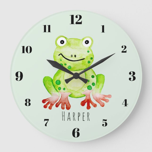 Niedliches Unisex Watercolor Jungle Green Frosch K Große Wanduhr (Vorderseite)