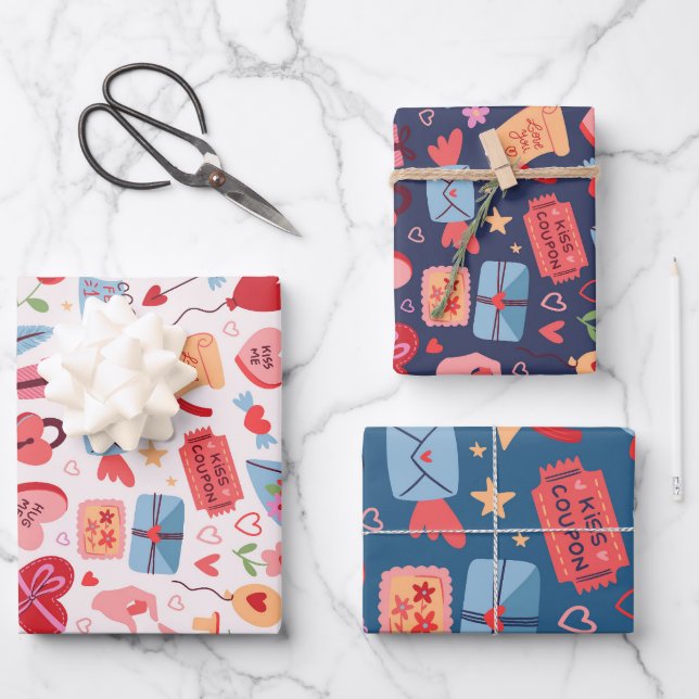Niedliches Valentinstag Muster Herz und Liebe Geschenkpapier Set (Vorderseite)