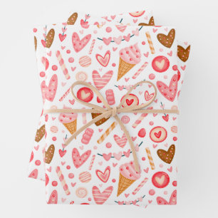 Niedliches Valentintagsherz, Süßigkeiten und Eiscr Geschenkpapier Set