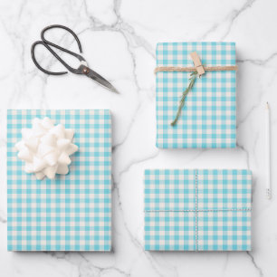 Niedliches Vintages Aqua Blue Gingham Kariertes Mu Geschenkpapier Set