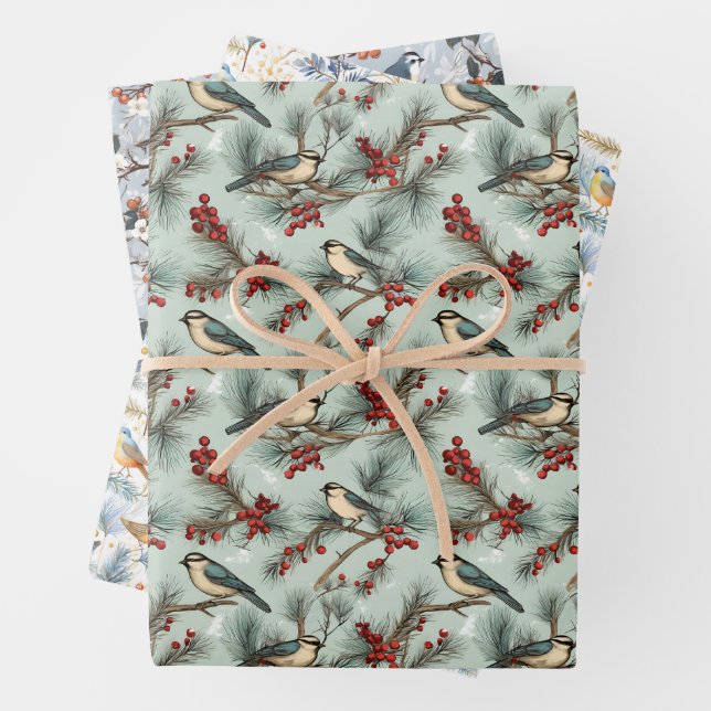 Niedliches Vintages Bird & Red Berry Weihnachtsmus Geschenkpapier Set (Beispiel)