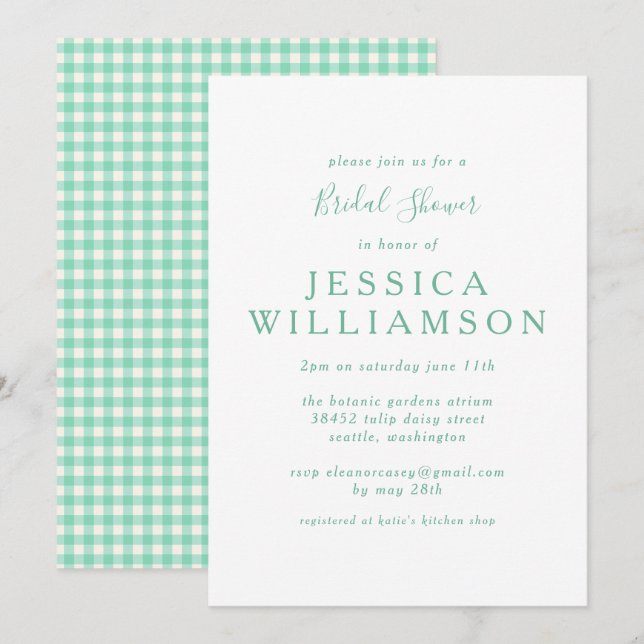 Niedliches Vintages Gingham Green Brautparty Einladung (Vorne/Hinten)