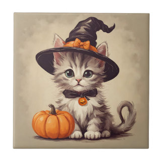 Niedliches Vintages Kätzchen zu Halloween Hexenkos Fliese