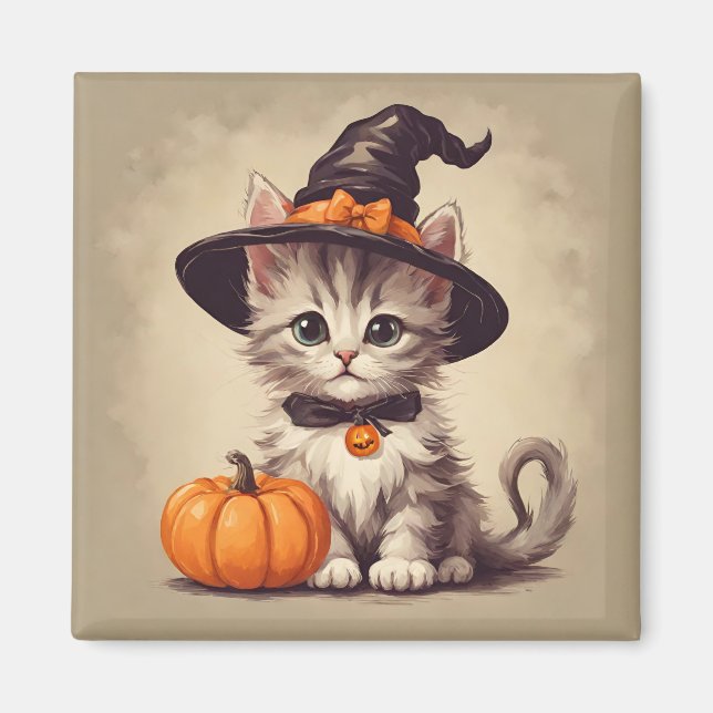 Niedliches Vintages Kätzchen zu Halloween Hexenkos Magnet (Vorne)