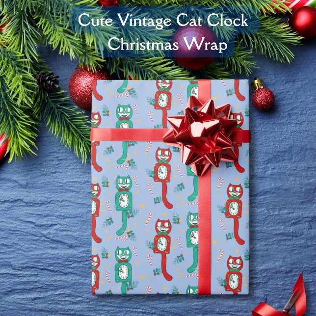 Niedliches Vintages Kit Clock Weihnachten Geschenkpapier (Cute Vintage Kit Cat Clocks in holiday colors announce "Its Christmas Time" on this Christmas Wrap.)