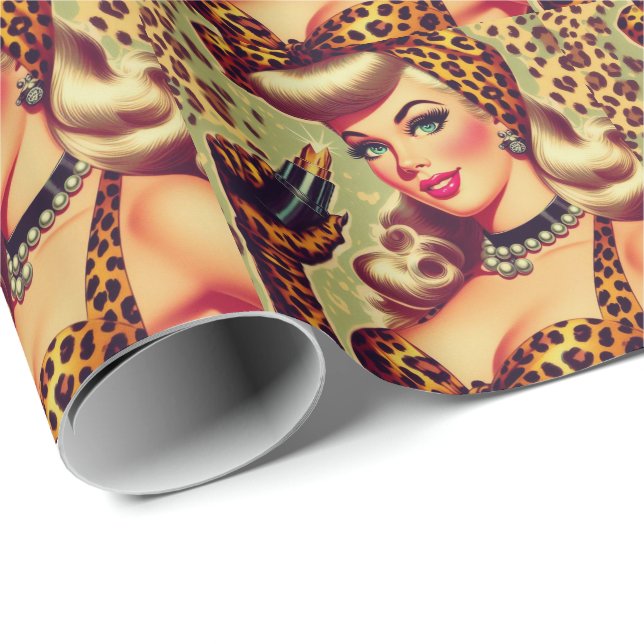 Niedliches Vintages Leopard Print Girl Geschenkpapier (Rolleneckpunkt)