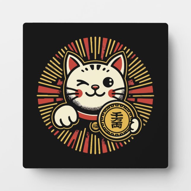 Niedliches Vintages Maneki Neko Lucky Cat, Erfolgs Fotoplatte (Vorderseite)