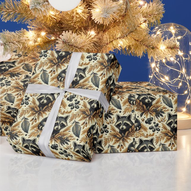 Niedliches Vintages Racoon Muster Geschenkpapier (Feiertage)