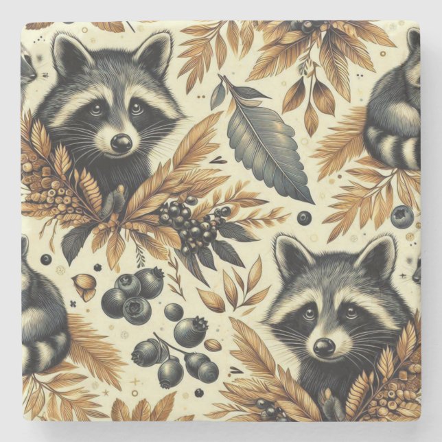 Niedliches Vintages Racoon Muster Steinuntersetzer (Vorderseite)