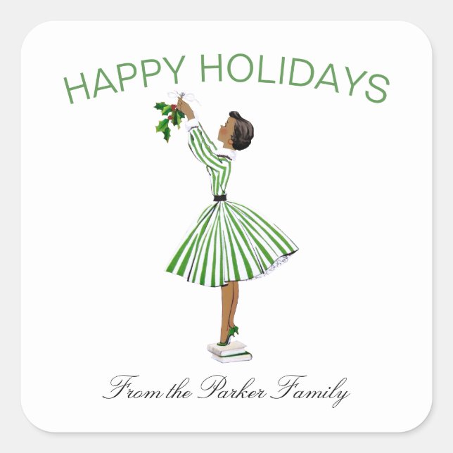 Niedliches Vintages Retro Weihnachtsmädchen in Kle Quadratischer Aufkleber (Vorderseite)
