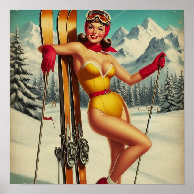 Niedliches Vintages Ski-Button Poster (Vorne)