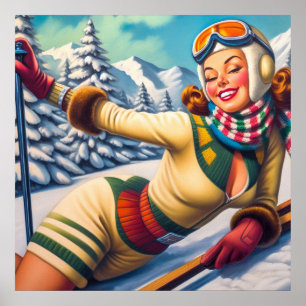 Niedliches Vintages Ski-Button Poster
