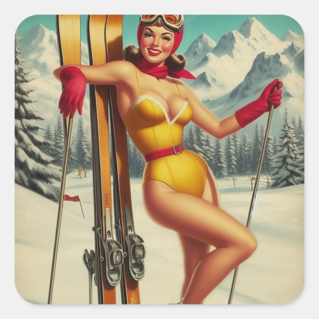 Niedliches Vintages Ski-Button Quadratischer Aufkleber (Vorderseite)