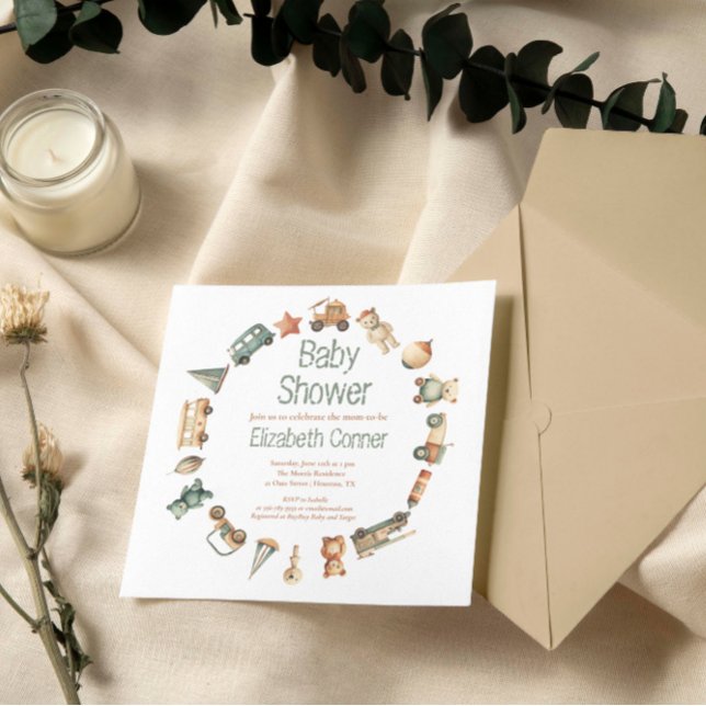 Niedliches Vintages Spielzeug Kinderdusche Einladu Einladung (Cute Toys Wreath Baby Boy Shower Invitation)