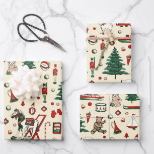 Niedliches Vintages Spielzeug Weihnachtsbaum Geschenkpapier Set