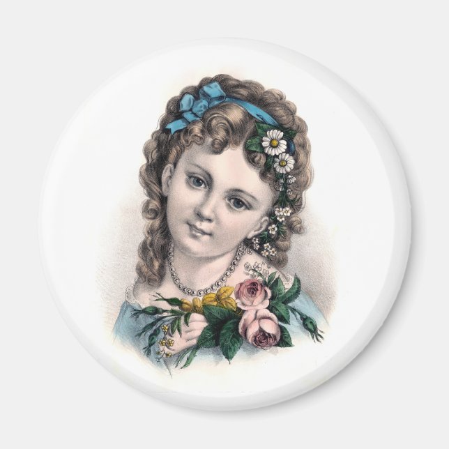 Niedliches Vintages Viktorianisches Blumenmädchen Magnet (Vorne)
