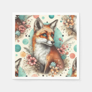 Niedliches Vintages Watercolo Fox Gemälde Serviette