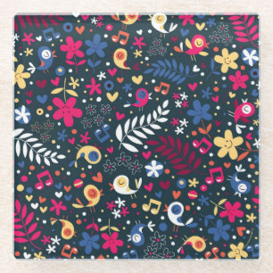 niedliches Vogel- und Blumenmuster Glasuntersetzer