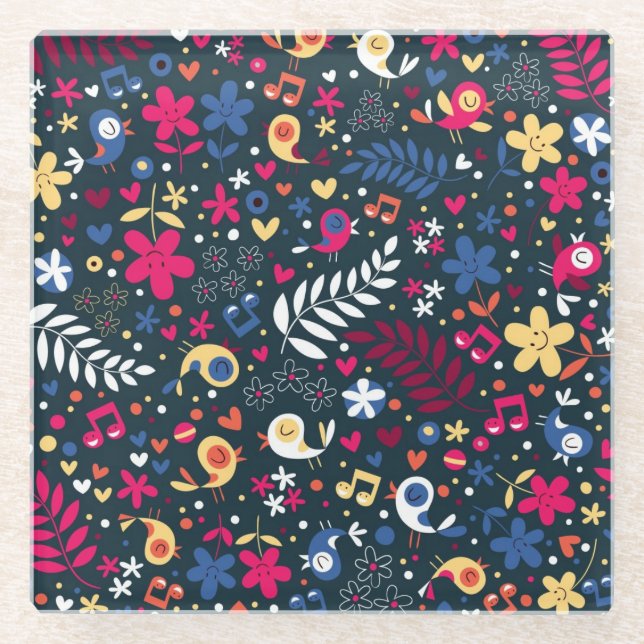 niedliches Vogel- und Blumenmuster Glasuntersetzer (Vorderseite)