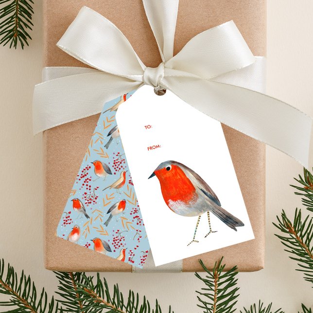 Niedliches Vogelrosa Geschenkanhänger (Cute bird red robin blue pattern Christmas holiday Gift Tags)