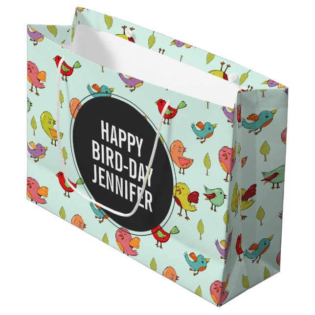 Niedliches, von Hand Gezeichnet Vogelmuster Große Geschenktüte (Vorderseite Schrägansicht)