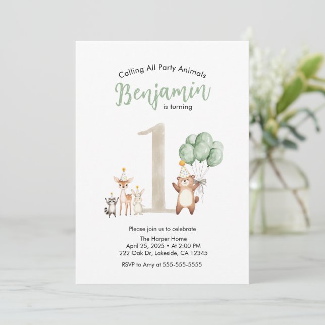 Niedliches Wald, das alle Tiere des Party anruft Einladung (Stehend Vorderseite)