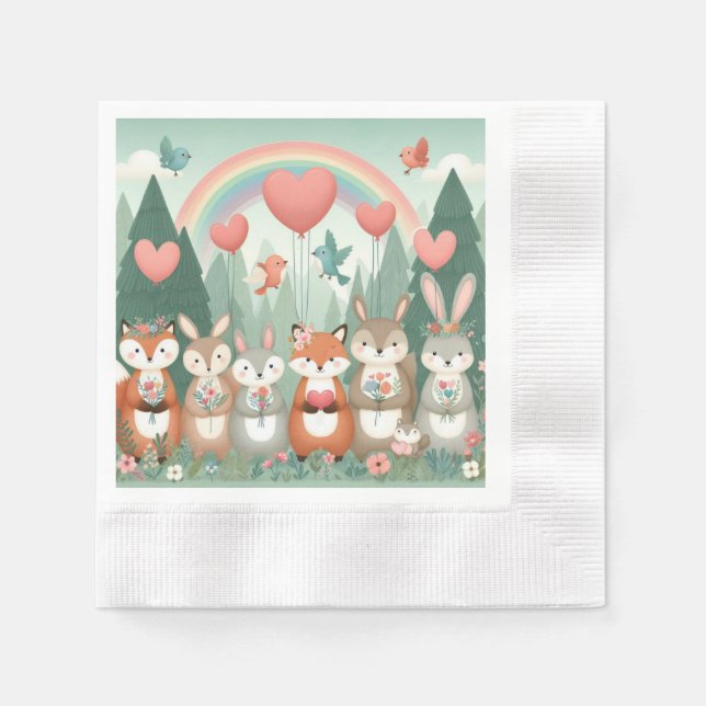 Niedliches Wald-Kreatur-Regenbogenvalentin Serviette (Vorderseite)