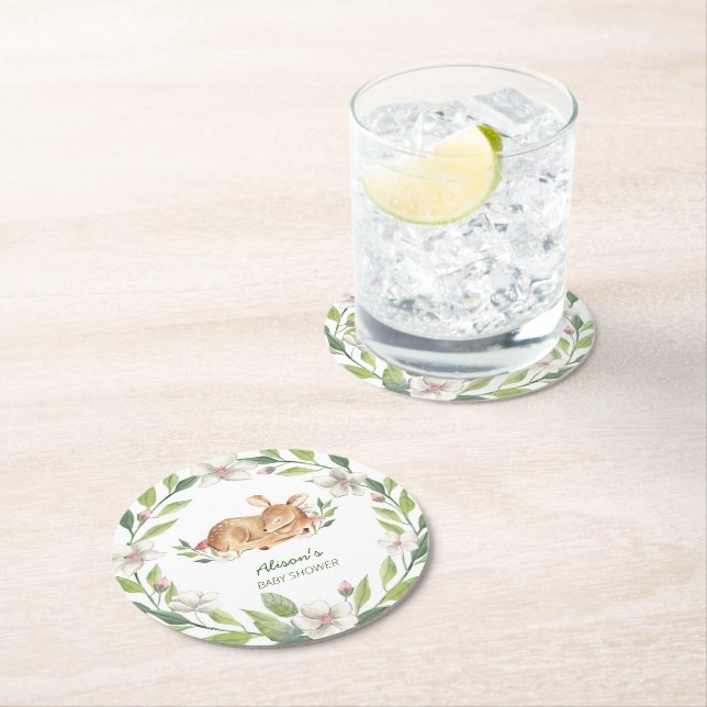 Niedliches Waldland Hirsche Blumengrün Kinderdusch Runder Pappuntersetzer (Vor Ort)