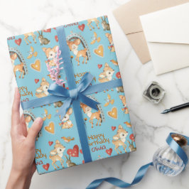 Niedliches Waldland Hirsche Vögel Herzstück Geburt Geschenkpapier