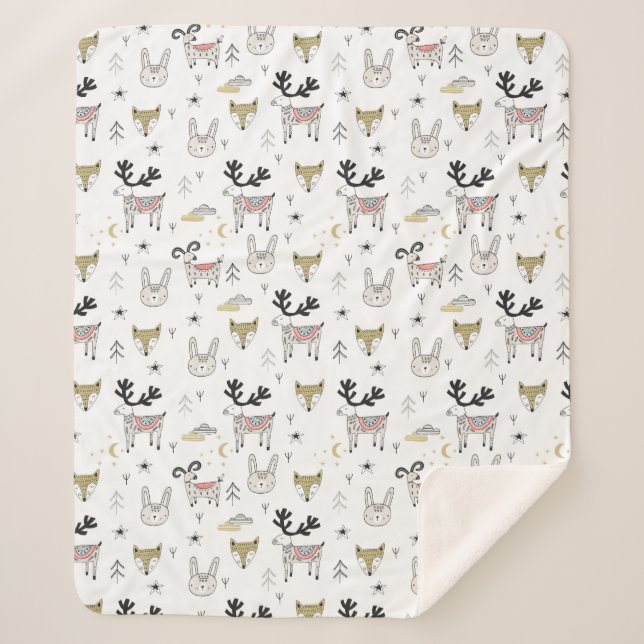 Niedliches Waldtiergekritzel-Muster Sherpadecke (Vorderseite)