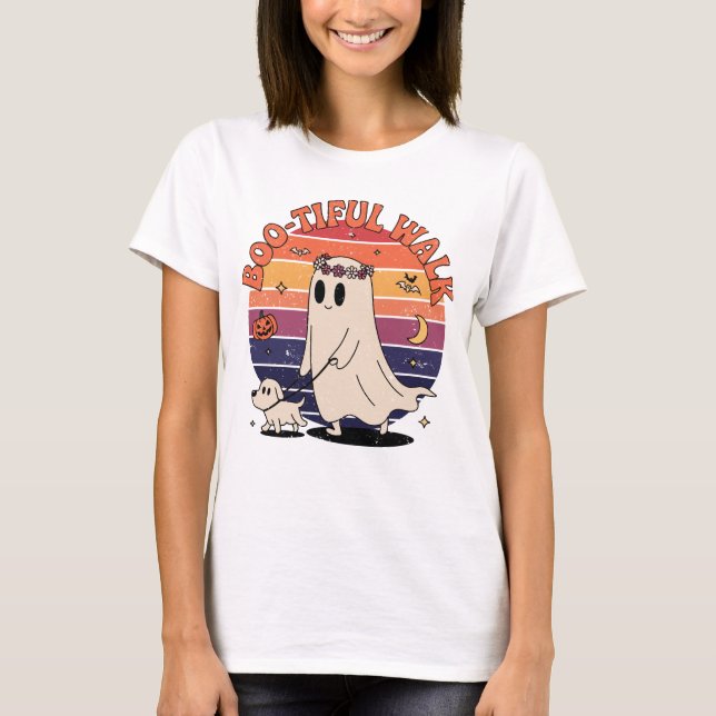 Niedliches Walk Dog Ghost Niedliche Halloween-Gesc T-Shirt (Vorderseite)