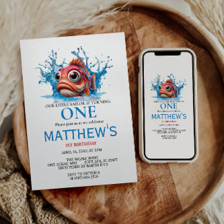 Niedliches Wasser Blauer Fisch 1. Geburtstag Einladung