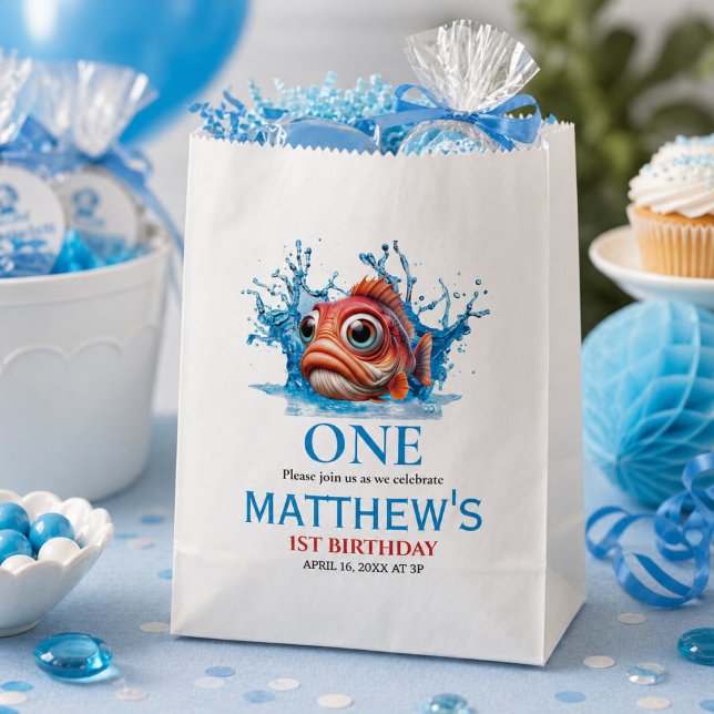 Niedliches Wasser Blauer Fisch 1. Geburtstag Geschenktütchen (Cute Water Blue Fish 1st Birthday Favor Bag)