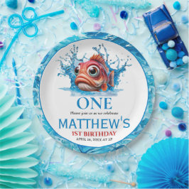 Niedliches Wasser Blauer Fisch 1. Geburtstag Pappteller
