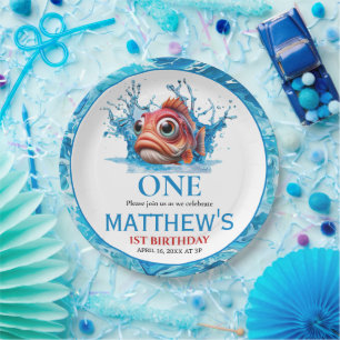 Niedliches Wasser Blauer Fisch 1. Geburtstag Pappteller