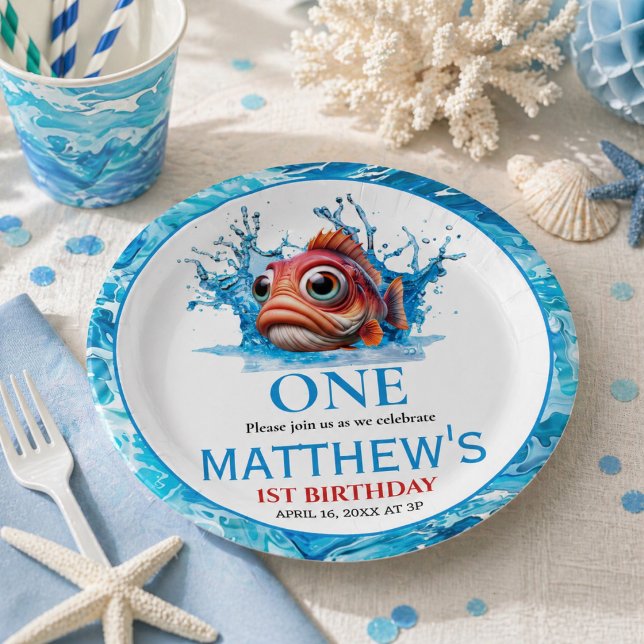Niedliches Wasser Blauer Fisch 1. Geburtstag Pappteller (Cute Water Blue Fish 1st Birthday Paper Plates)