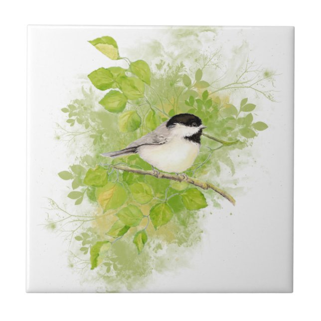 Niedliches Wasserbad Chickadee Bird in Poplar Tree Fliese (Vorderseite)