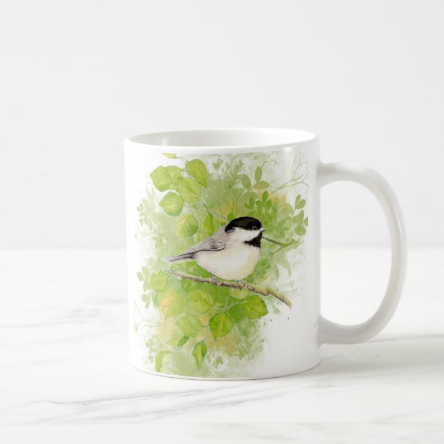 Niedliches Wasserbad Chickadee Bird in Poplar Tree Kaffeetasse (Rechts)