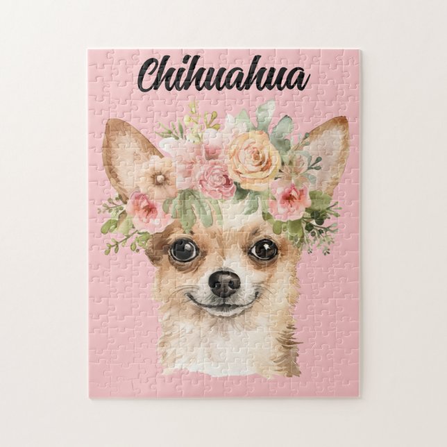 Niedliches Wasserfarben Chihuahua Hund/Blume Puzzle (Vertikal)